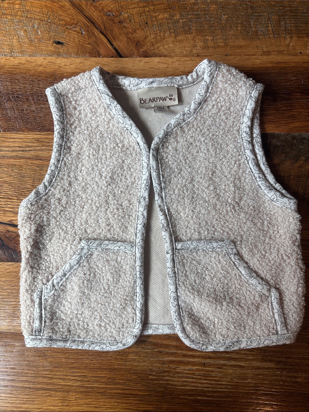 BearPaw Kids Cream Sherpa Vest with Floral Trim 18 months